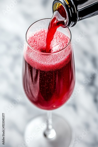 Bottle of wine is poured into a glass. The wine is red and the glass is clear