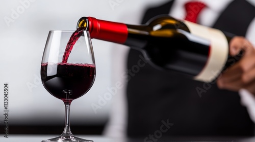 Man is pouring wine into a glass. The wine is red and the glass is half full. The man is wearing a black suit and a red tie. The scene is set in a restaurant or a bar