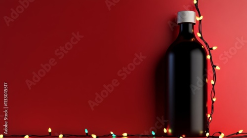 Bottle of liquor is on a red background with Christmas lights. The bottle is empty and the lights are strung up in a pattern. Scene is festive and celebratory