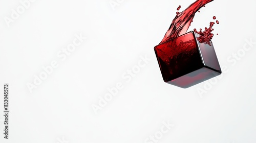 Red cube is falling into a glass of water. The water splashes out of the glass and the cube is floating in the air