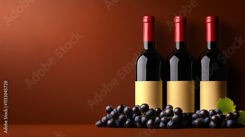 Three bottles of red wine are displayed on a table, with a bunch of purple grapes surrounding them. The wine bottles are all the same color and are positioned in a row