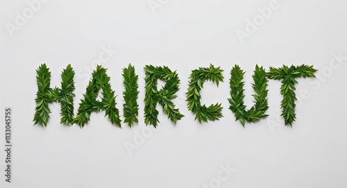 Haircut lettering made of green leaves nature concept on plain white background