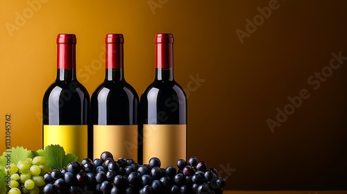 Three bottles of wine with yellow labels sit on a table next to a bunch of grapes. Concept of relaxation and enjoyment, as the wine