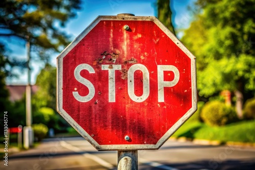 High-resolution close-up of a classic red octagonal stop sign; documentary photography style. photo