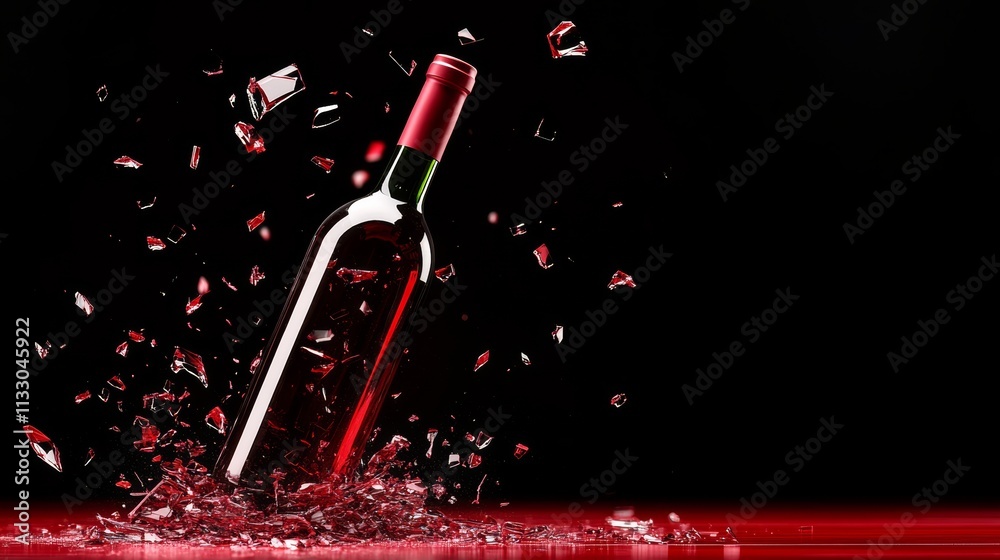 Fototapeta premium Bottle of wine is shattered on the ground, with shards of glass scattered around it. Concept of destruction and chaos, as if the wine bottle has been violently broken