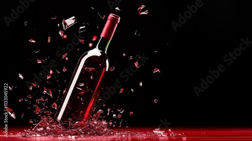 Bottle of wine is shattered on the ground, with shards of glass scattered around it. Concept of destruction and chaos, as if the wine bottle has been violently broken