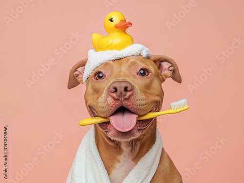 Cute brown pit bull dog with a towel and rubber duck on its head, holding a toothbrush in its mouth. AI generated illustration