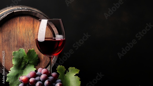 Glass of red wine is poured into a wine glass next to a wooden barrel. The wine glass is half full and the wine is deep red in color. Concept of relaxation and enjoyment