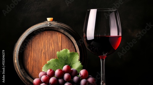 Glass of red wine is next to a wooden barrel and a bunch of grapes. Concept of relaxation and enjoyment, as the wine and grapes are often associated with leisurely activities and social gatherings