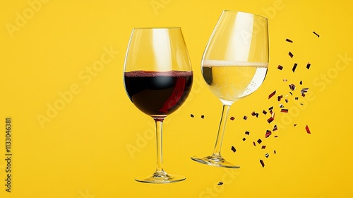 Two wine glasses filled with red and white wine are placed on a yellow background. The glasses are upside down, and the wine is spilling out, creating a messy and chaotic scene