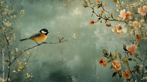 Timeless vintage-style wallpaper featuring a harmonious bird and flower combination.