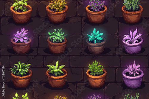 Seamless pattern of pixel art of magical herbs in glowing pots, vibrant colors