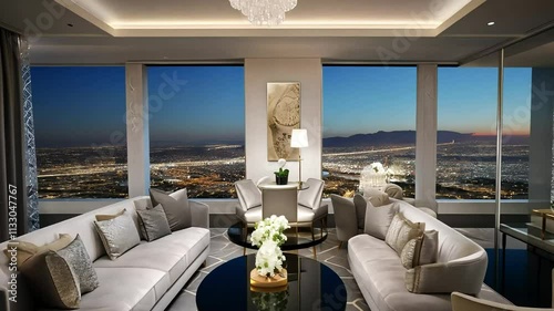 Luxurious Penthouse Living Room with Stunning Night Cityscape View Overlooking Twinkling Lights