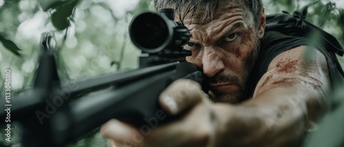 A rugged figure aims a rifle through dense greenery, portraying intensity, survival, and focus in a raw, natural setting. photo