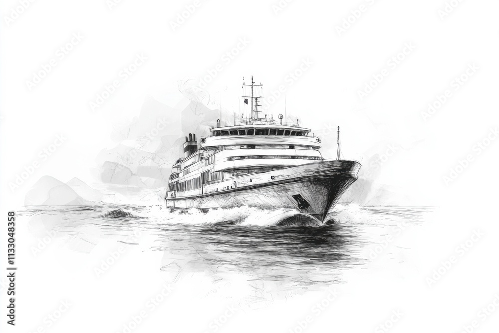 Naklejka premium Hand-Drawn Boat Sketch in Calm Sea Background