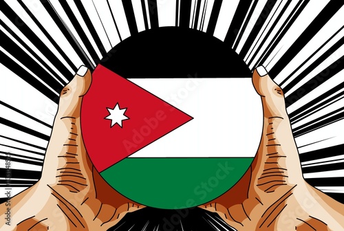 Jordan national flag, 3d illustration of a hand holding a round flag, comic background, pop art