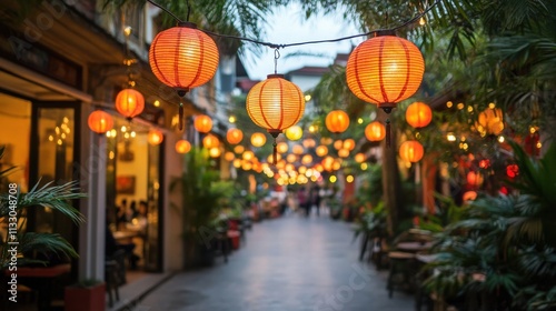 Festive lantern display in vibrant street market evening scene cultural atmosphere urban setting dynamic perspective photo