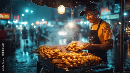 Street food vendor cooking skewers in rainy night market urban environment culinary scene atmospheric viewpoint photo