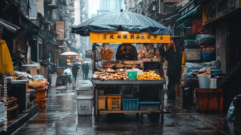 Obraz premium Rainy day market scene with fruit stall urban alley photography gloomy environment street view culture and lifestyle