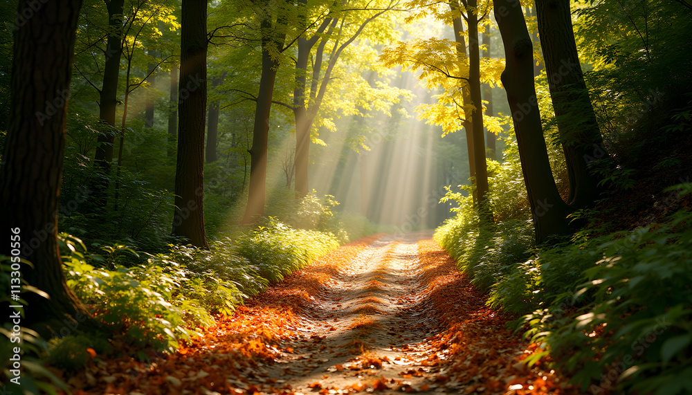 Obraz premium A path in the forest, studded with leaves, with sunlight breaking through the trees, creating an atmosphere of tranquility and harmony with nature