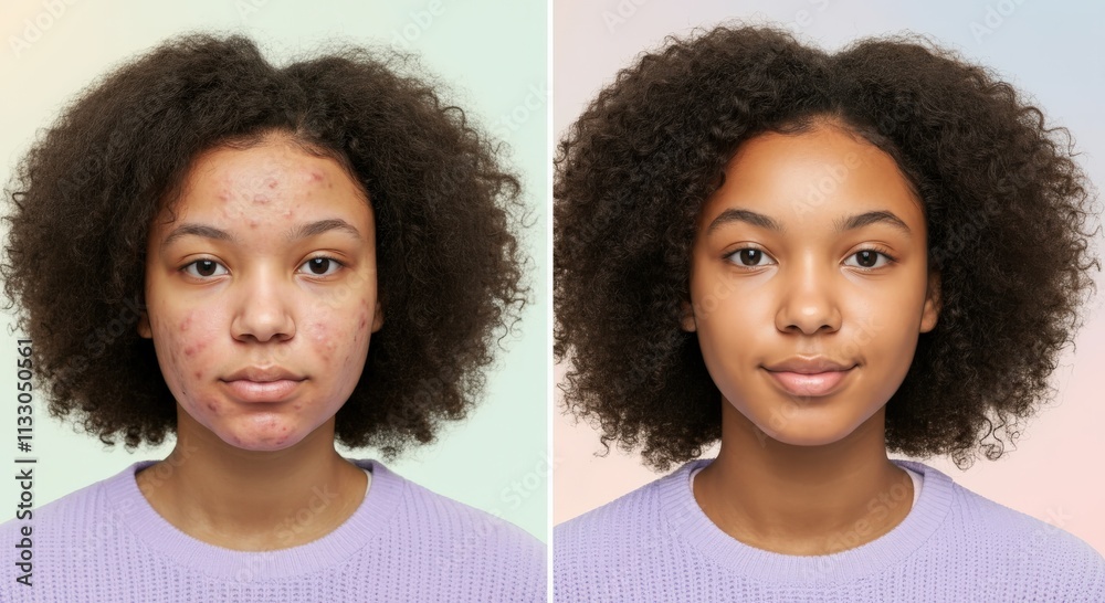 Transformation of young african female skin: before and after acne treatment Transformation of young african female skin: before and after acne treatment