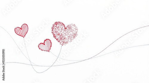 Three Pink Hearts on Delicate Stems with Subtle Curves on Soft Pastel Background for Valentine's Day