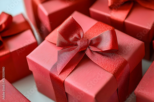 A collection of vibrant red gift boxes with intricate ribbon bows sits isolated against a white canvas.