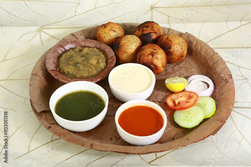 Litti Chokha With Raita and Chutney photo