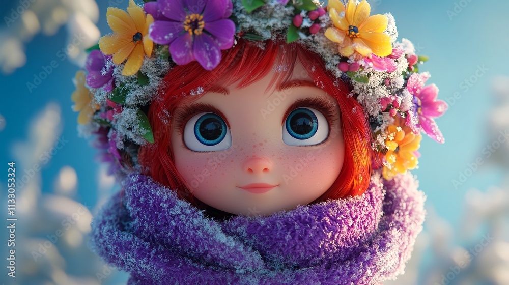 Naklejka premium A young girl wearing flowers as her crown looks up into the sky with bright blue eyes.