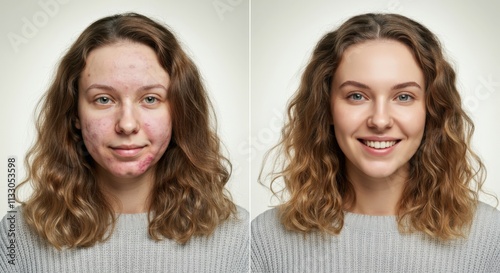 Transformation journey highlighting skincare before and after for young caucasian female