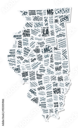 Illinois shape text cloud. State border with shadow on white background. Illinois with counties division in vintage gazette style. Creative vector illustration.