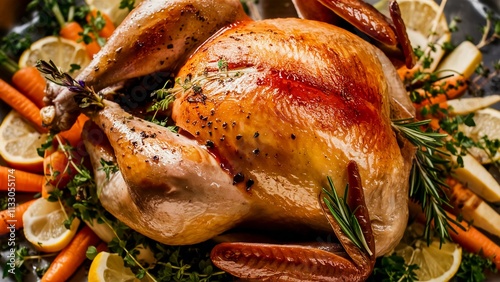 Roast turkey herb infused Thanksgiving turkey dinner roasted vegetables holiday meal festive food rosemary thyme photo