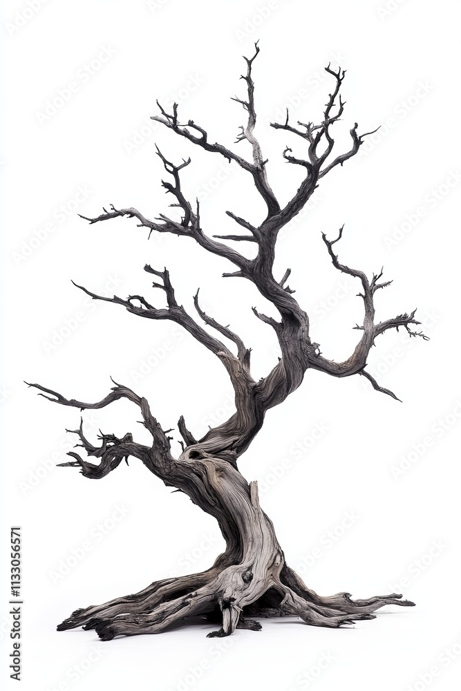 Obraz premium A sinister-looking dead juniper tree, its branches contorted into unnatural shapes, ideal for creating a haunted forest scene on a stark white background 