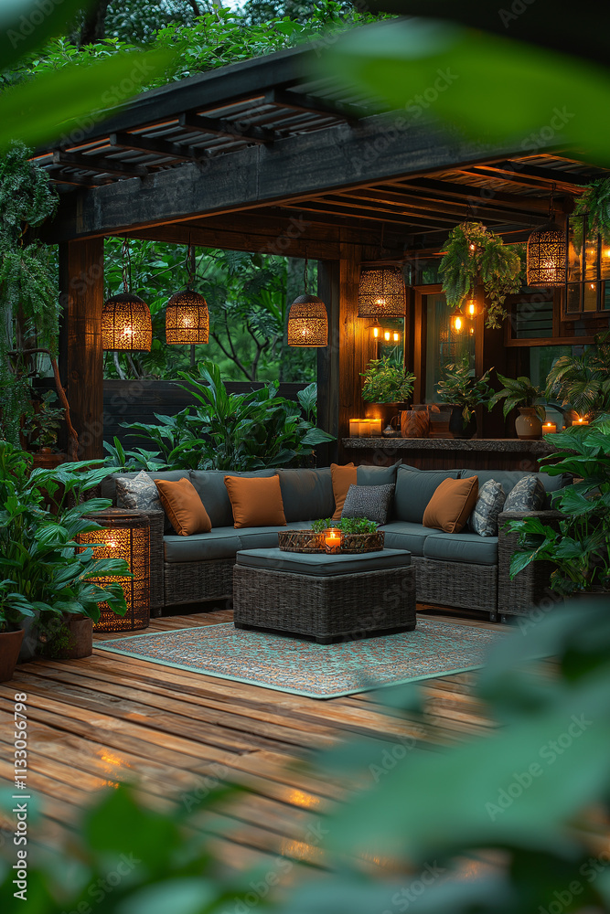 Fototapeta premium Photographie immobilière d'une terrasse cosy avec mobilier de jardin élégant et végétation luxuriante