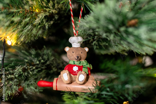 Christmas tree hanging decoration closeup, bear