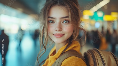 Photo of a beauitful asia woman, who carry the suitcase, at the airport, selfie,destailed. photo