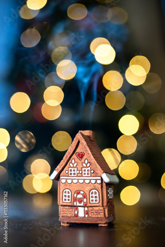 Christmas lights and gingerbread house. smoke from chimney