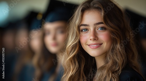 Wallpaper Mural Happy graduate woman smiles at camera, other graduates blurred in background. Torontodigital.ca