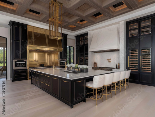 Modern Luxury Kitchen: A spacious, contemporary kitchen featuring sleek black cabinetry, a large island with white quartz countertops, and a dramatic gold chandelier hanging from a coffered ceiling.