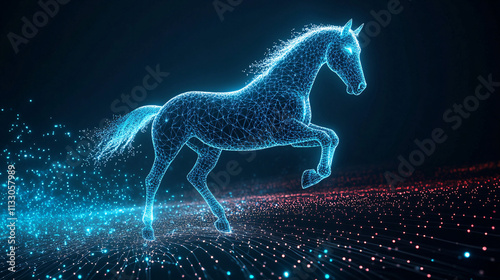 A digital horse icon glowing with equestrian data, symbolizing online horse riding platforms, smart training tools, and real-time performance analytics.  photo