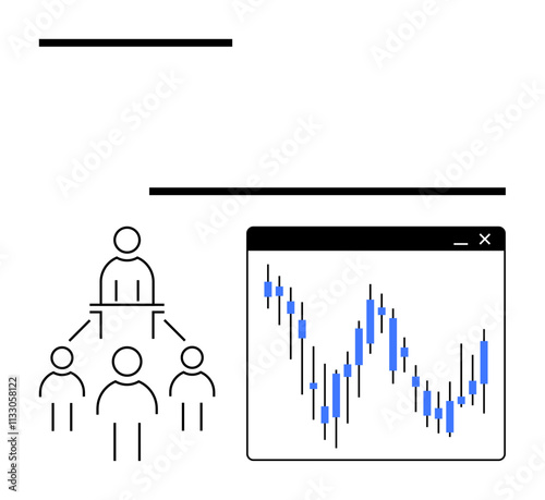 Group of four people in hierarchical structure next to a fluctuating financial chart. Ideal for business planning, team management, financial analysis, corporate strategy, market trends, investor
