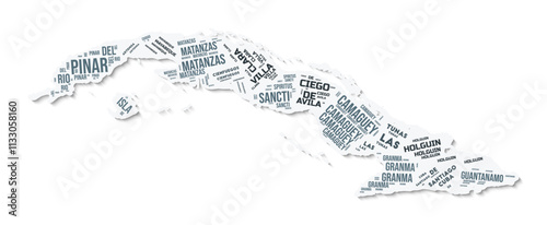 Cuba shape text cloud. Country border with shadow on white background. Cuba with regions division in vintage gazette style. Beautiful vector illustration.