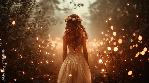 A woman's journey through an enchanting forest illuminated by luminous orbs. Pathlit Serenity photo