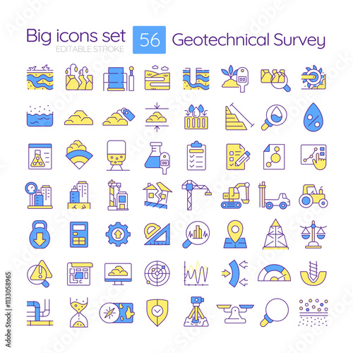 Geotechnical survey RGB color icons set. Exploring grounds for construction industry. Geodetic investigation. Isolated vector illustrations. Simple filled line drawings collection. Editable stroke