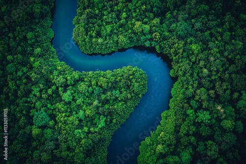 Aerial view of a winding river cutting through dense jungle, deep greens and blues, untouched wilderness, promoting ecological preservation, ultra-high-resolution photography  photo