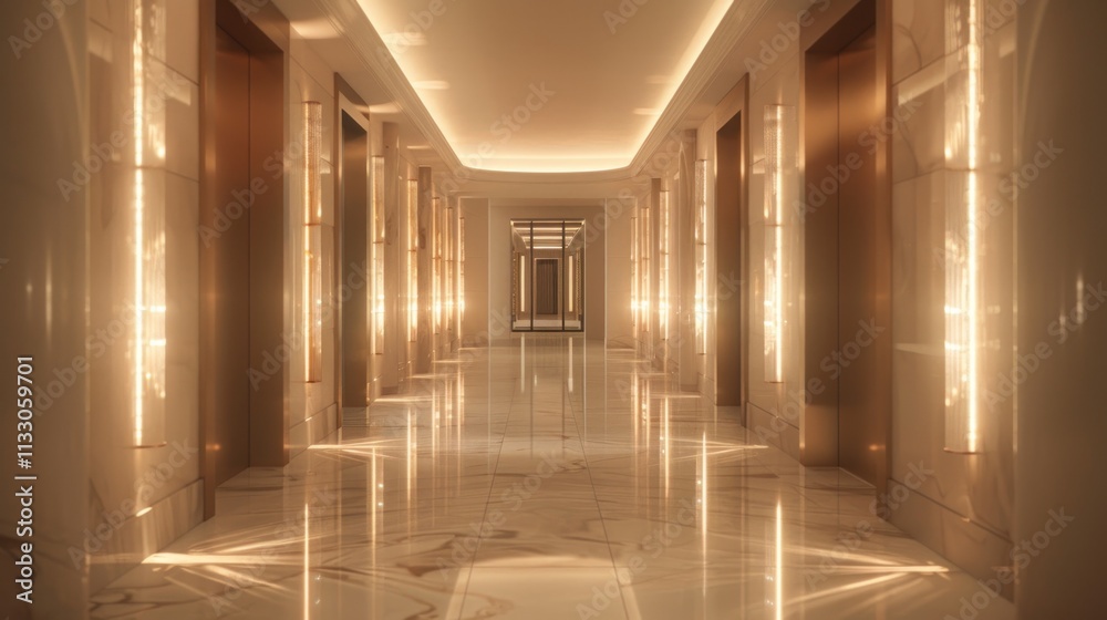 Obraz premium Luxurious hotel corridor with marble floor and gold elevator doors, illuminated by warm lighting.