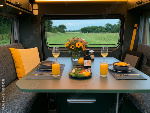 Romantic Campervan Dinner: A cozy campervan interior, bathed in warm light, sets the scene for a romantic dinner for two.  The table is set with glasses of champagne, fresh juice. photo