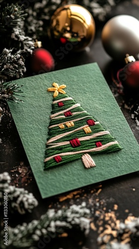 Handmade Christmas card with a textured green paper, featuring a festive tree design made of twine with golden star topper, surrounded by ornaments and pine branches. photo