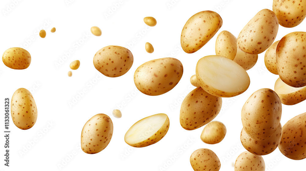 Fototapeta premium Potato Power: A dynamic and vibrant image of whole and sliced potatoes in mid-air, showcasing their natural beauty and versatility. This high-quality photo is perfect for culinary, agriculture.