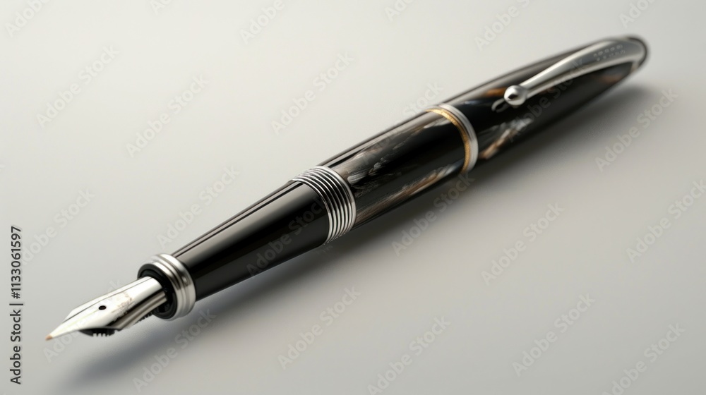 Fototapeta premium Elegant black and silver fountain pen on white background.